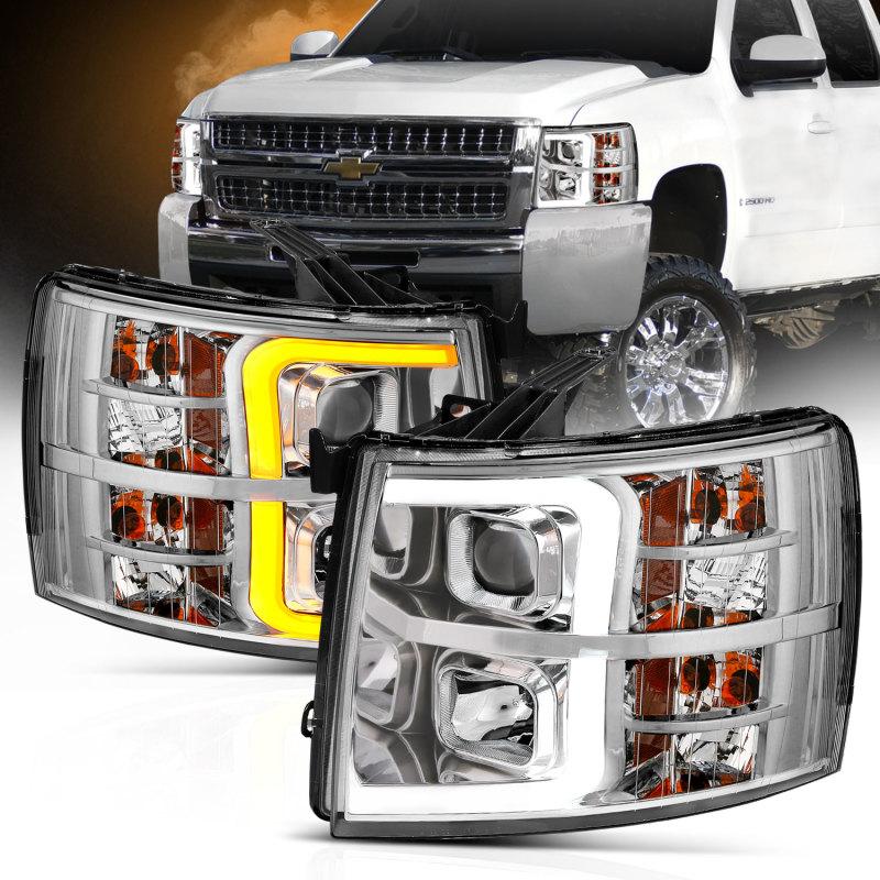 ANZO 07-13 Chevrolet Silverado 1500/2500/3500 Proj Headlights w/ Plank Style Switchback Chrome w/Amb 111411