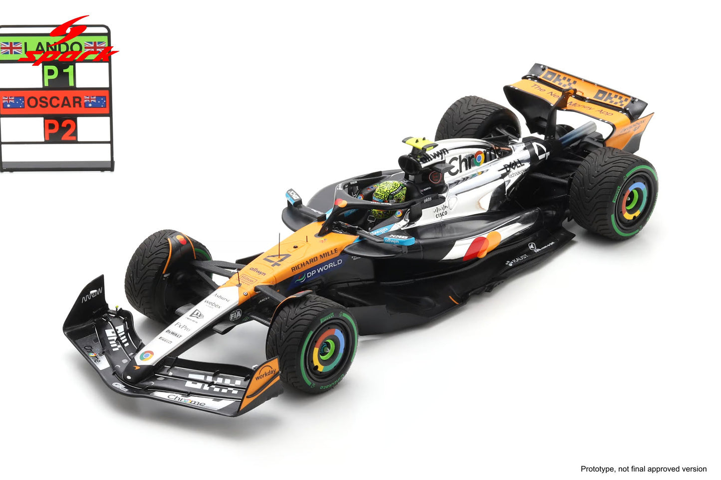Spark-Model Mclaren F1 Team MCL39 Orange L. Norris #4 Winner British GP 2025 1:18 WITH DISPLAY