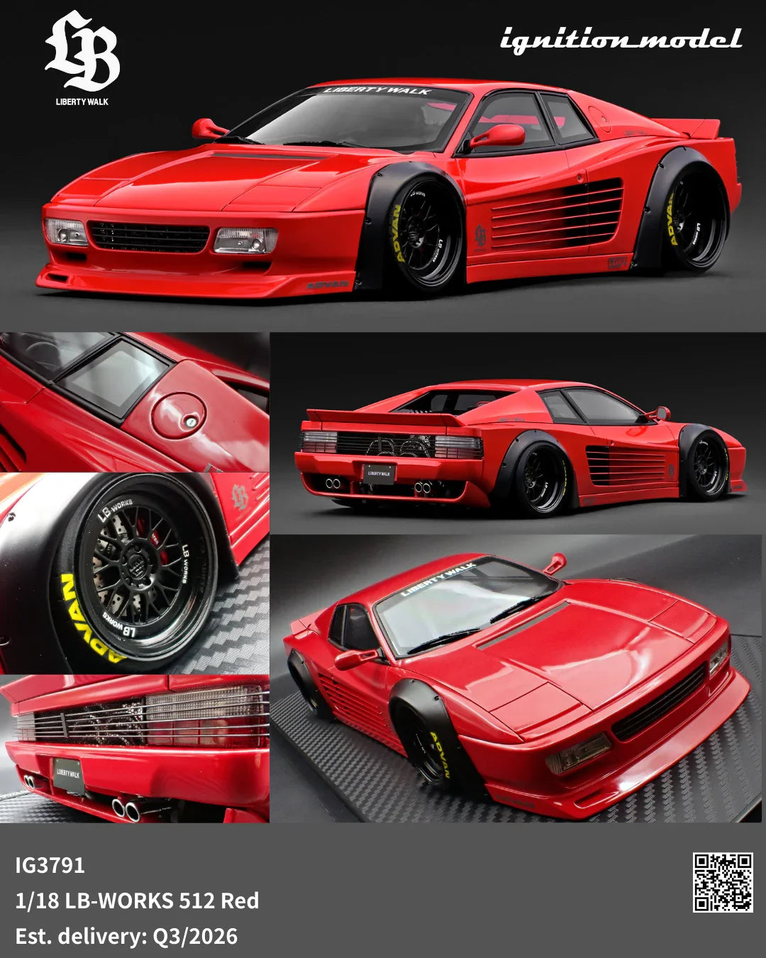 Ignition-Model Ferrari Testarossa 512 LBWK LB-Works Rosso Corsa Red w/ Black Wheels 1:18