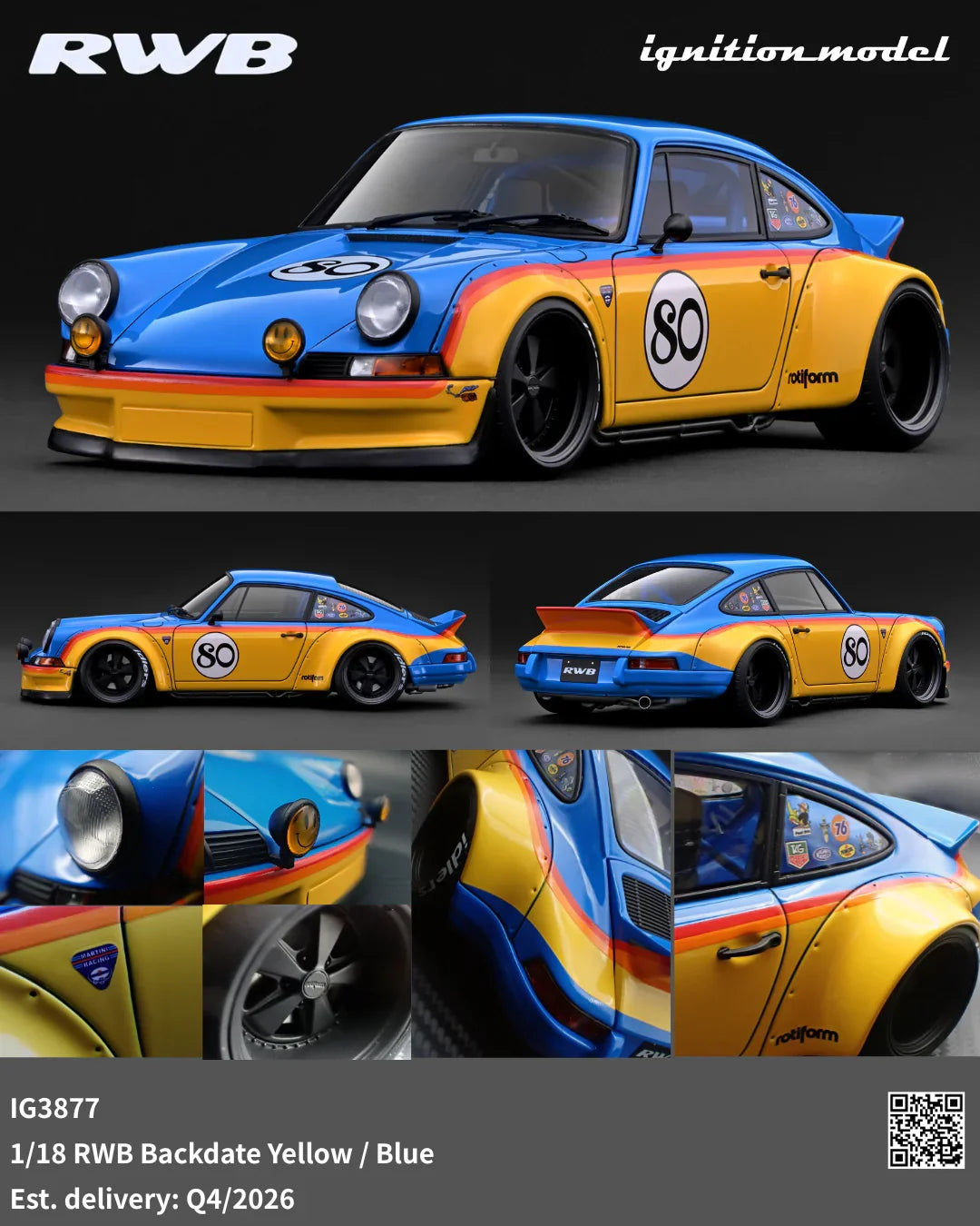 Ignition-Model Porsche 911 F Series Backdate #80 RWB Coupe Yellow & Blue 1:18
