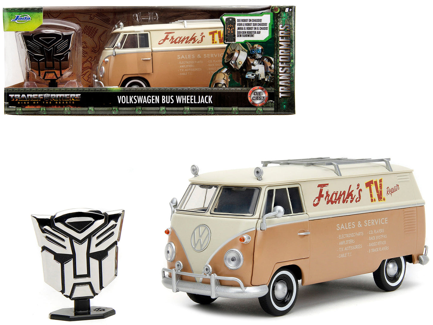 Volkswagen Bus "WheelJack" Tan and Beige "Frank's TV Repair" and Transformers Logo Diecast Statue "Transformers: Rise of the Beasts" (2023) Movie "Hollywood Rides" Series 1/24 Diecast Model Car by Jada  free shipping USA