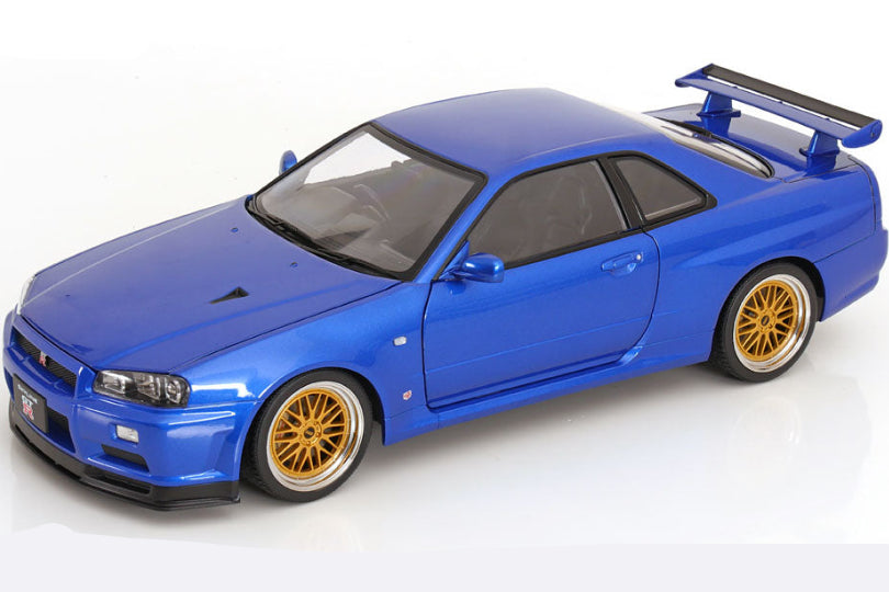 KK Scale 2001 Nissan Skyline GT-R R34 V-Spec II w/ Gold BBS Bayside Blue 1:12
