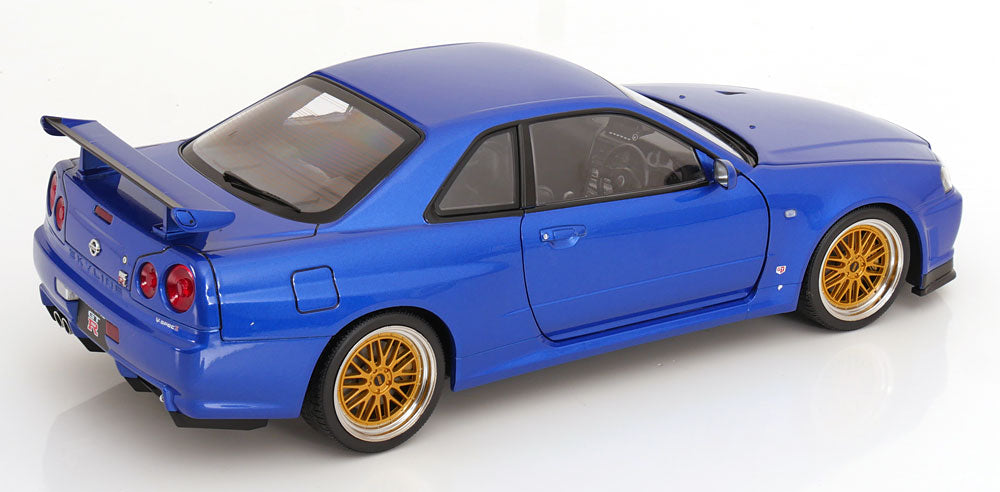 KK Scale 2001 Nissan Skyline GT-R R34 V-Spec II w/ Gold BBS Bayside Blue 1:12