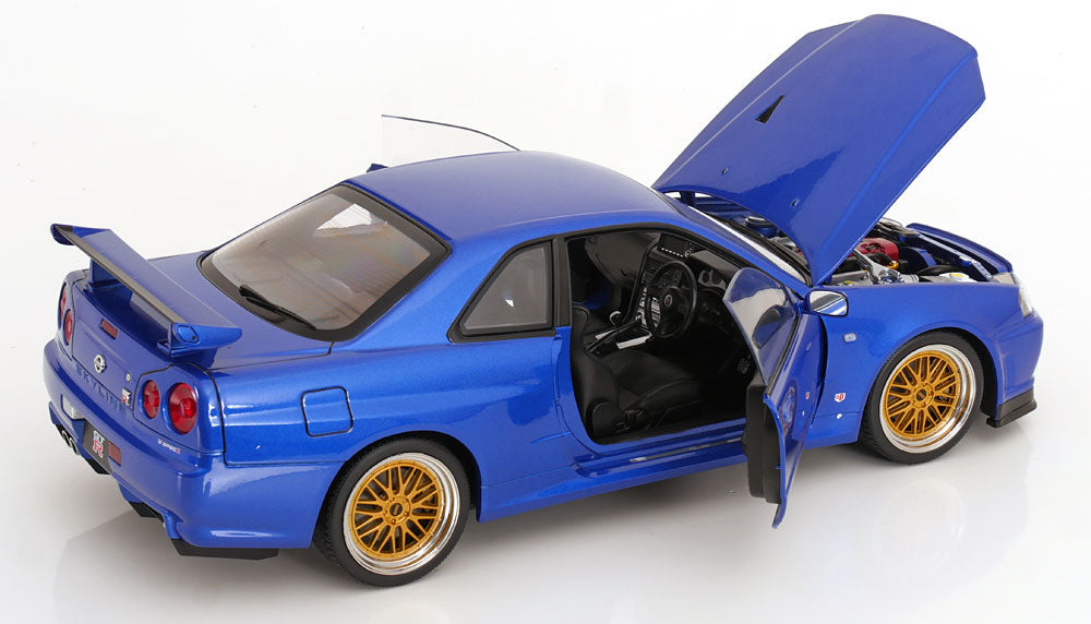 KK Scale 2001 Nissan Skyline GT-R R34 V-Spec II w/ Gold BBS Bayside Blue 1:12