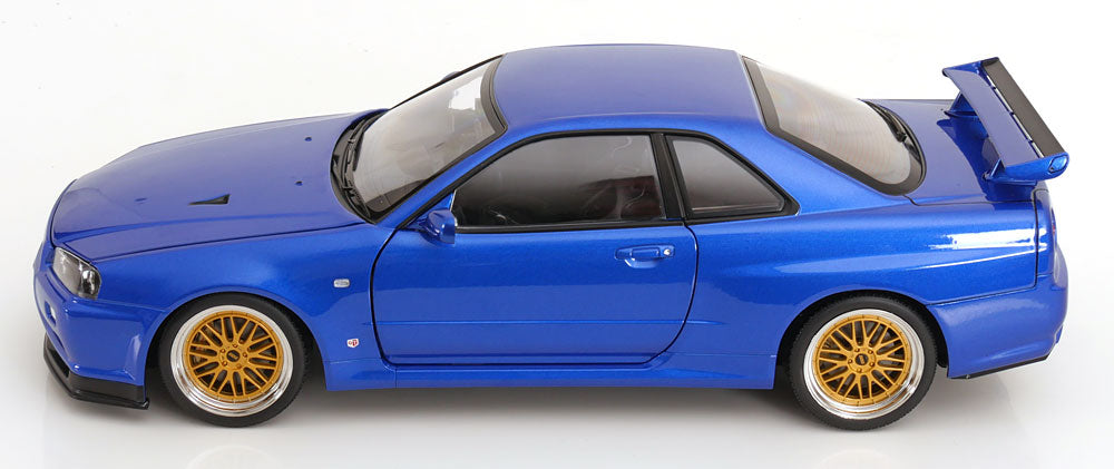 KK Scale 2001 Nissan Skyline GT-R R34 V-Spec II w/ Gold BBS Bayside Blue 1:12