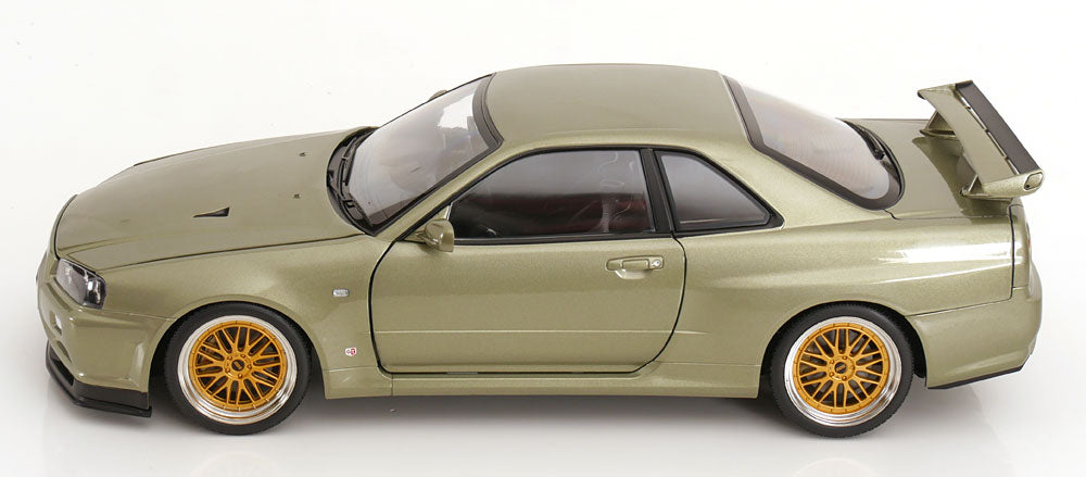 KK Scale 2001 Nissan Skyline GT-R R34 V-Spec II w/ Gold BBS Jade Green Metallic 1:12
