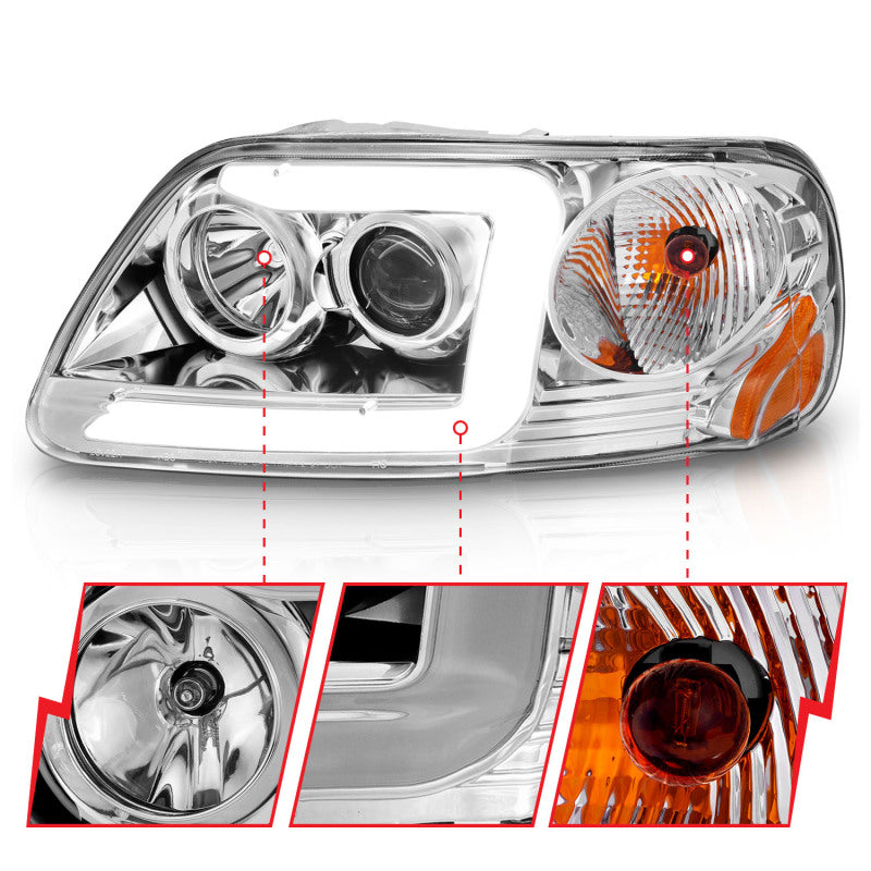 ANZO 1997-2003 Ford F-150 Projector Headlights w/ Light Bar Chrome Housing 111504