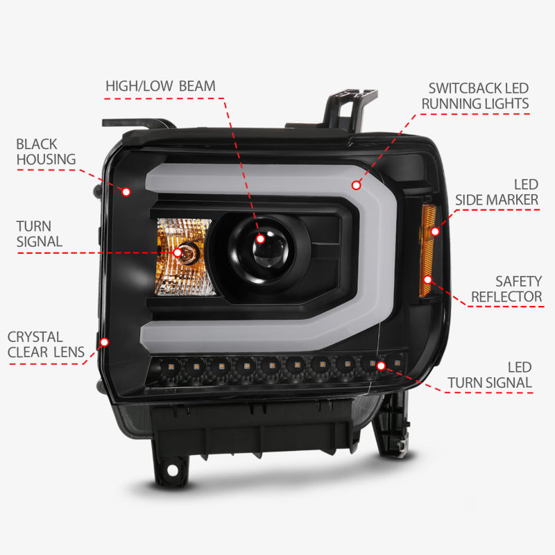 ANZO 2014-2015 Gmc Sierra 1500 Projector Headlight Plank Style Black w/ Switchback (Halogen Type) 111487
