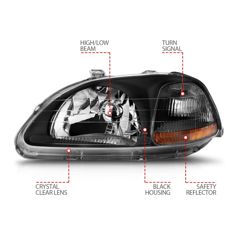 Anzo 1996-1998 Honda Civic Crystal Headlights Black