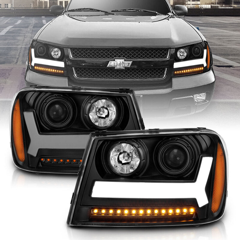 ANZO 2006-2009 Chevrolet Trailblazer Projector Headlights w/ Plank Style Design Black w/ Amber 111390