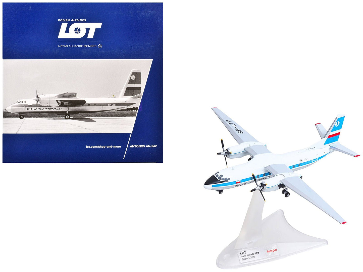 Antonov AN-24V Commercial Aircraft "LOT Polish Airlines" (SP-LTP) White with Blue Stripes and Tail 1/200 Diecast Model by Herpa  free shipping USA