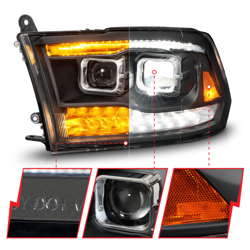 ANZO 09-18 Dodge Ram 1500/2500/3500 Full LED Proj Headlights w/Switchback Light Bar - Black 111595