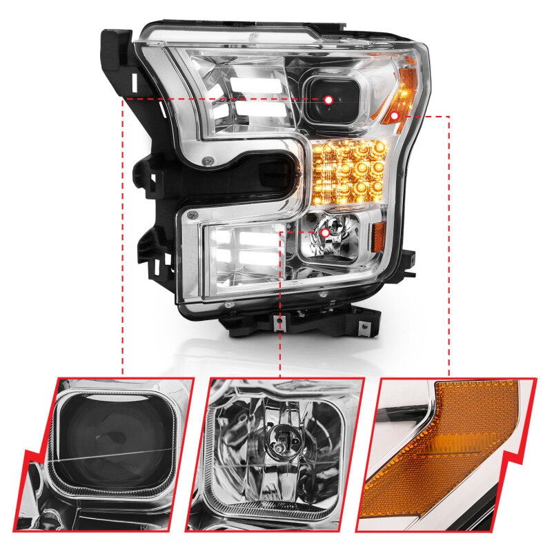 ANZO 15-17 Ford F-150 Proj Headlights w/ Plank Style Design Chrome w/ Amber Sequential Turn Signal 111409