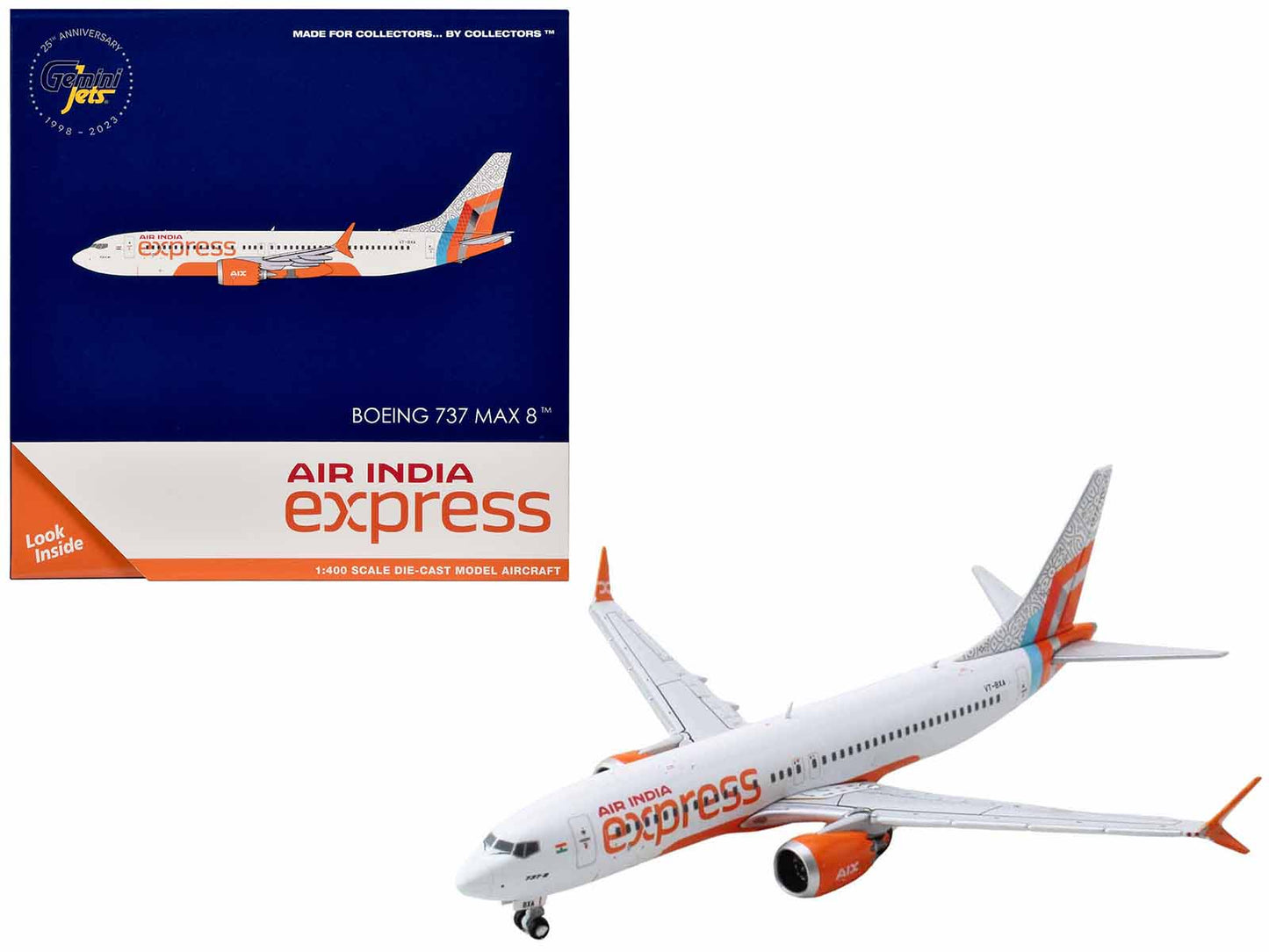 Boeing 737 MAX 8 Commercial Aircraft "Air India Express" (VT-BXA) White with Tail Graphics 1/400 Diecast Model Airplane by GeminiJets  free shipping USA