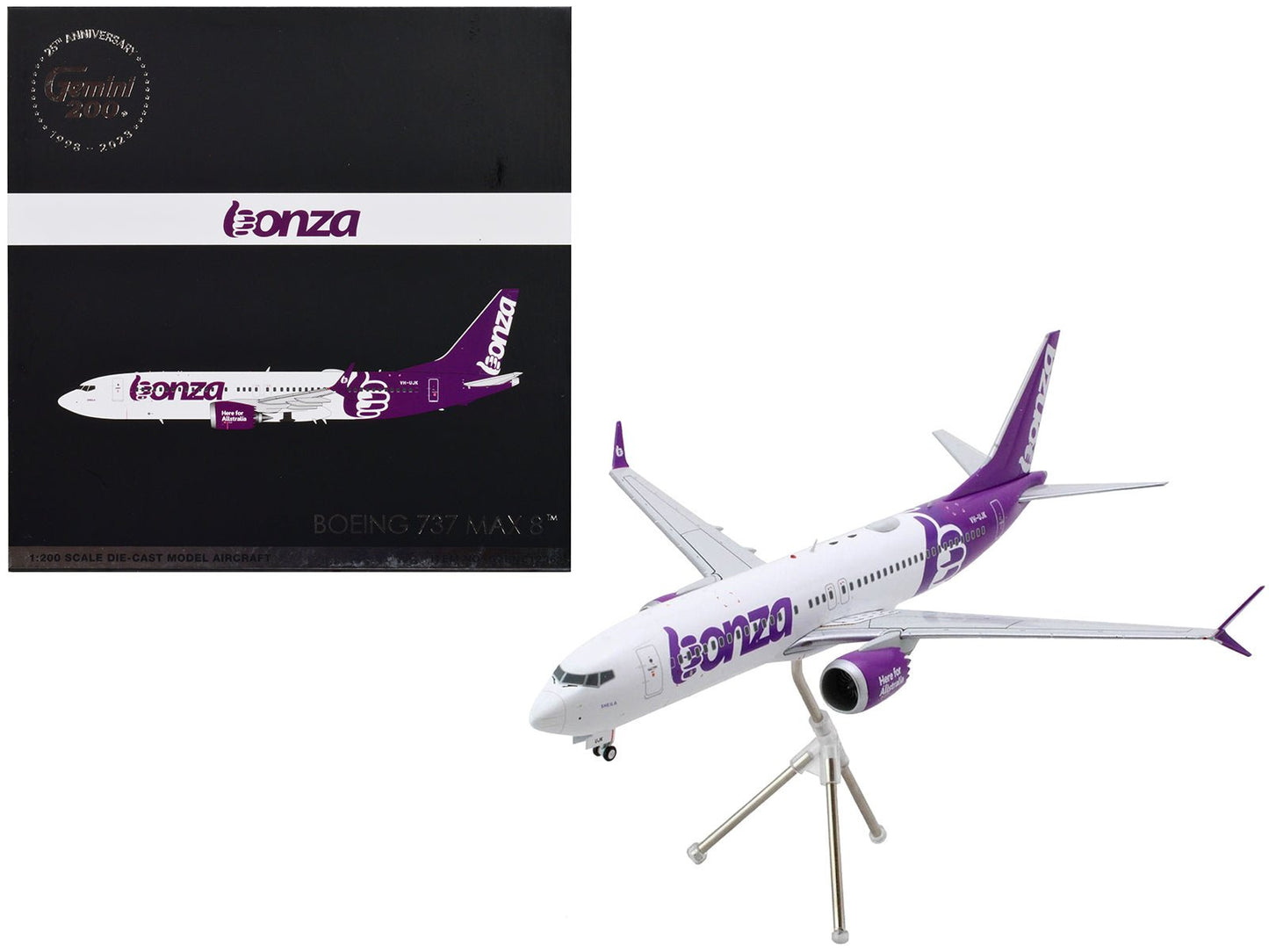 Boeing 737 MAX 8 Commercial Aircraft "Bonza Aviation" (VH-UJK) White with Purple Tail "Gemini 200" Series 1/200 Diecast Model Airplane by GeminiJets  free shipping USA