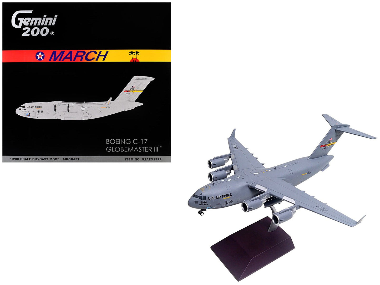 Boeing C-17 Globemaster III Transport Aircraft "March Air Reserve Base" United States Air Force "Gemini 200" Series 1/200 Diecast Model Airplane by GeminiJets  free shipping USA