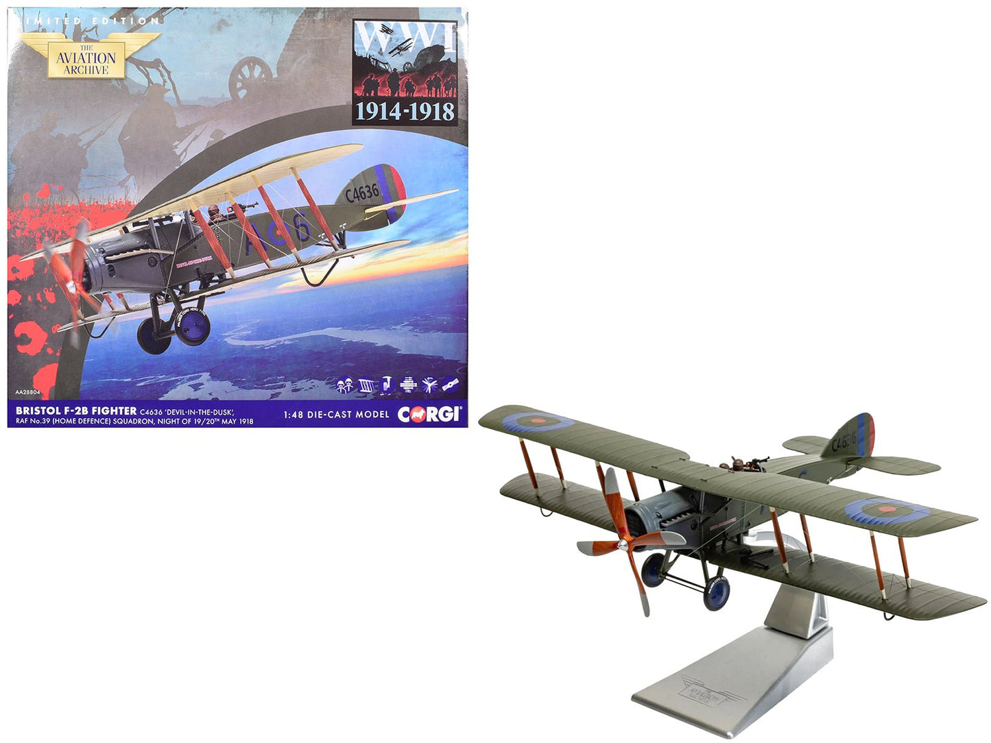 Bristol F-2B Fighter Aircraft "C4636 Devil-in-the-Dusk No. 39 Squadron" (1918) Royal Flying Corps "The Aviation Archive" Series 1/48 Diecast Model by Corgi  free shipping USA