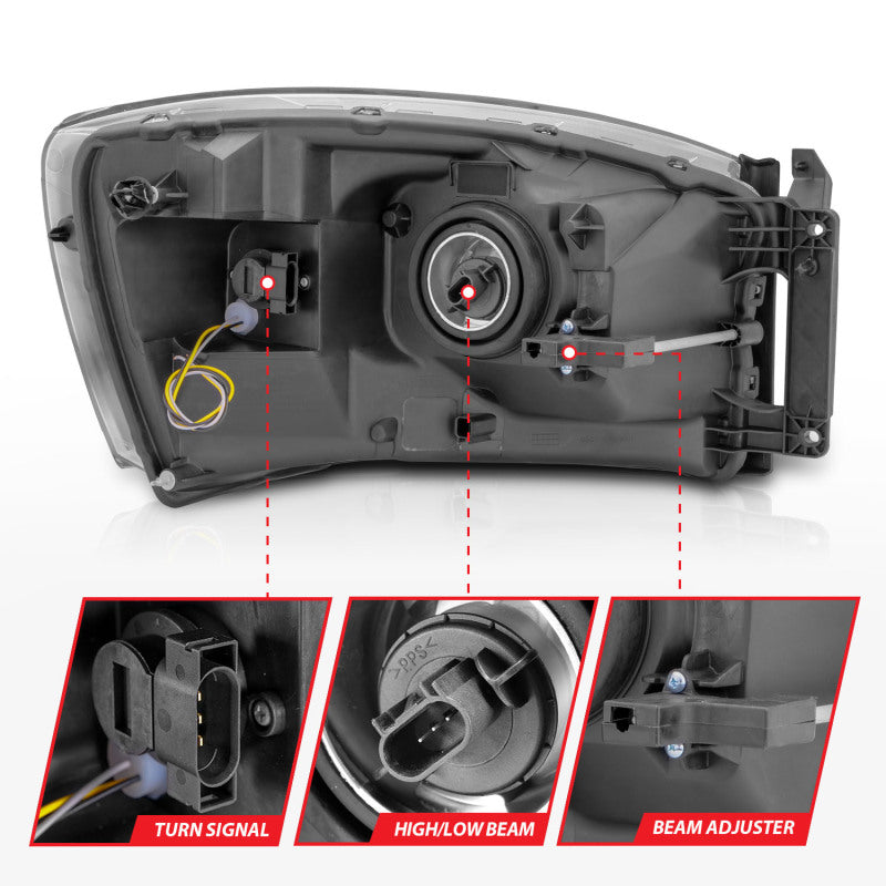 Anzo 06-09 Dodge RAM 1500/2500/3500 Headlights Chrome Housing/Clear Lens (w/Switchback Light Bars) 111527