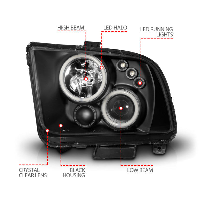 Anzo 2005-2009 Ford Mustang Projector Headlights w/ Halo Black