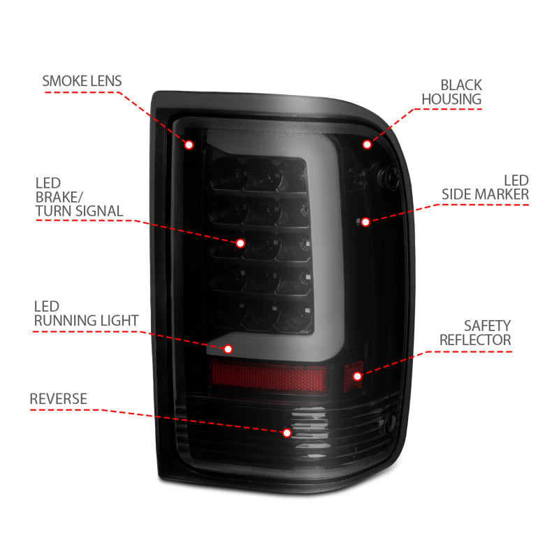 ANZO 1993-1997 Ford  Ranger LED Tail Lights w/ Light Bar Black Housing Clear Lens 311360