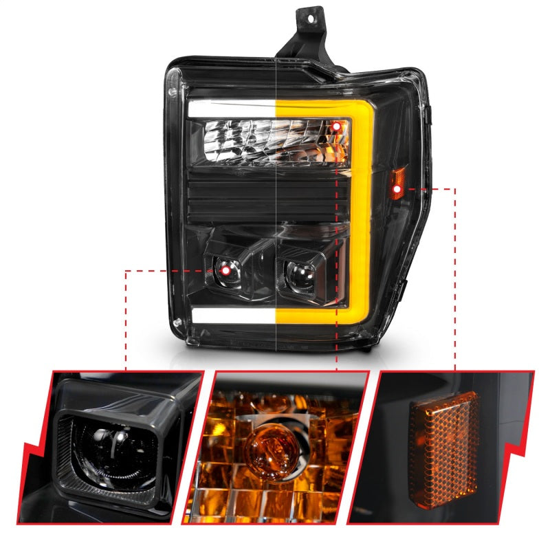 ANZO 08-10 Ford F-250 - F-550 Super Duty Projector Headlights w/ Light Bar Switchback Black Housing 111586