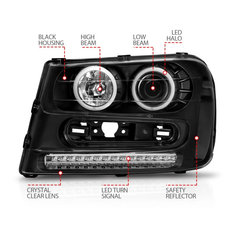 Anzo 2002-2009 Chevrolet Trailblazer Projector Headlights w/ Halo Black