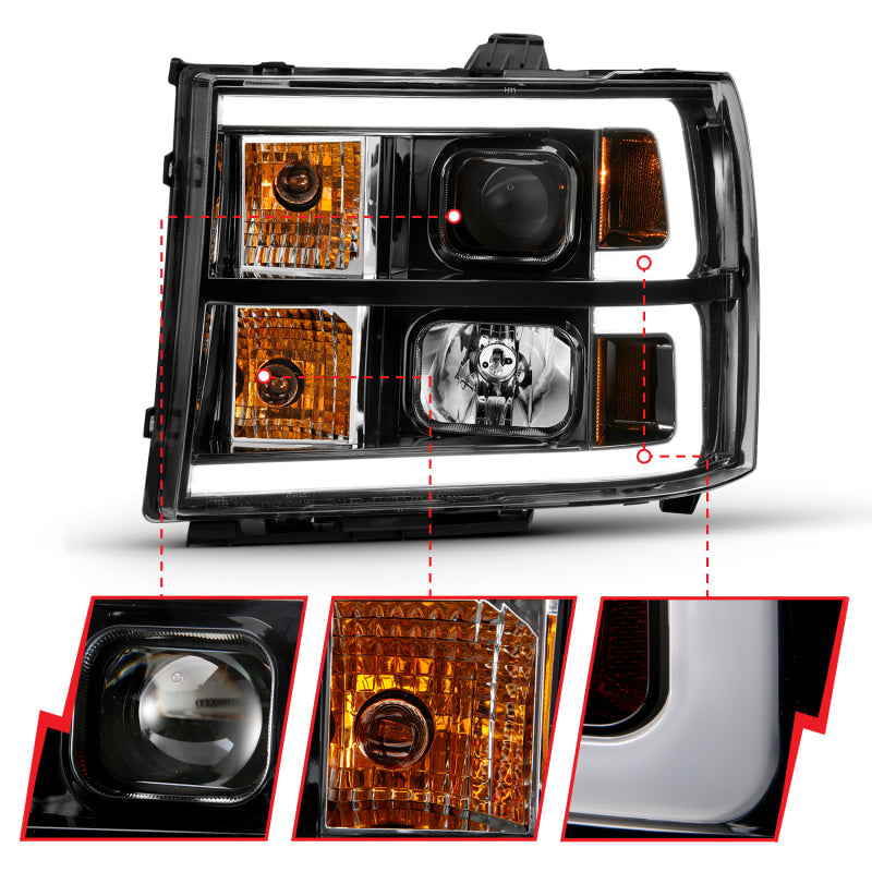 ANZO 2007-2013 Gmc Sierra 1500 Projector Headlight Plank Style Black w/ Clear Lens Amber 111482