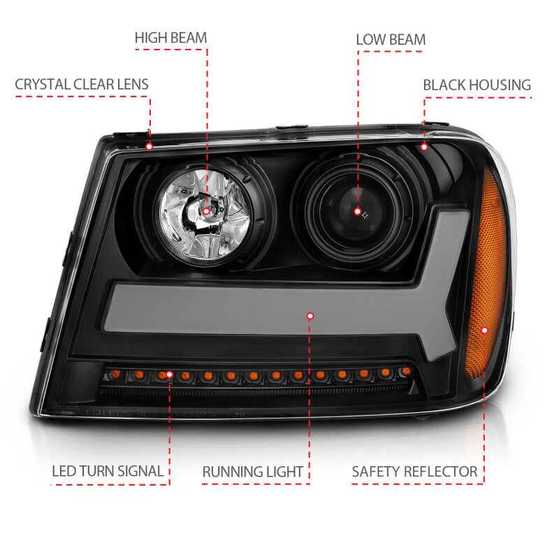 ANZO 2006-2009 Chevrolet Trailblazer Projector Headlights w/ Plank Style Design Black w/ Amber 111390
