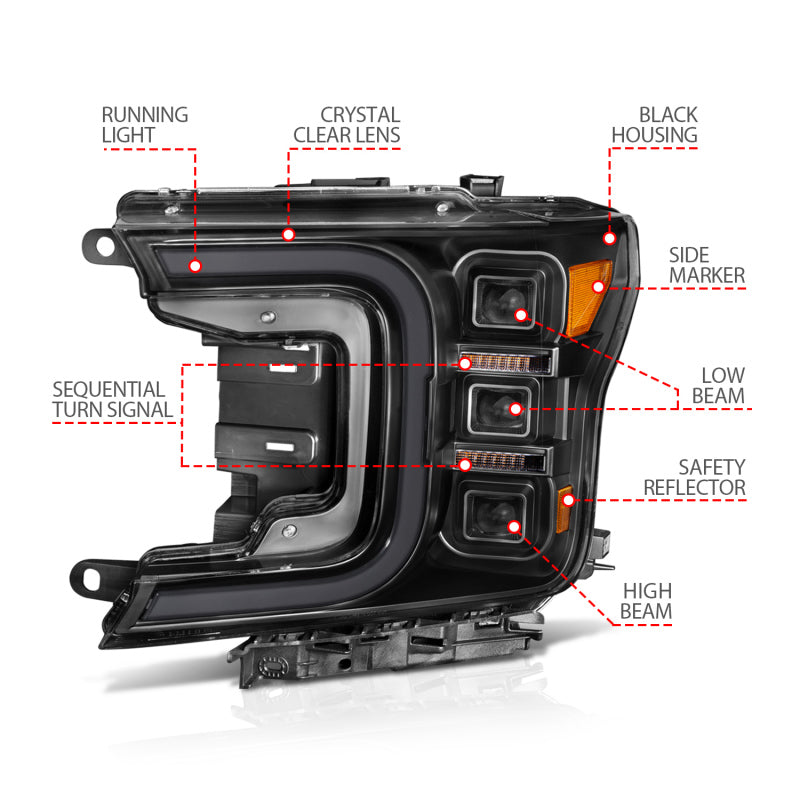 Anzo 18-20 Ford F-150 Full Led Projector Smoke Bar Style Headlights Black Amber 111520
