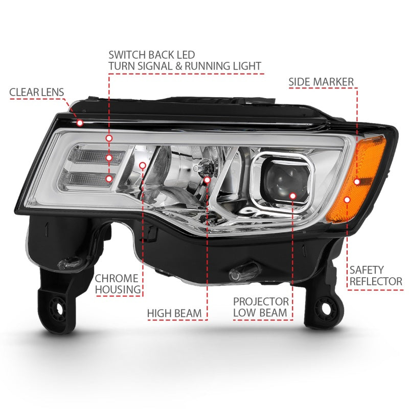 ANZO 2017-2018 Jeep Grand Cherokee Projector Headlights w/ Plank Style Switchback - Chrome w/ Amber 111419