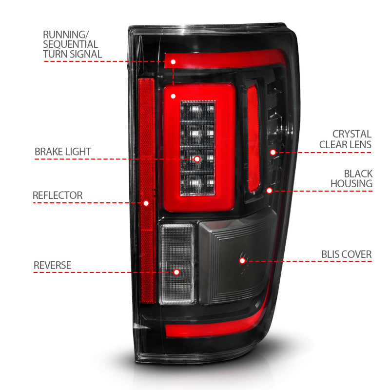 ANZO 21-23 Ford F-150 LED Taillights Seq. Signal w/BLIS Cover - Black Housing 311473