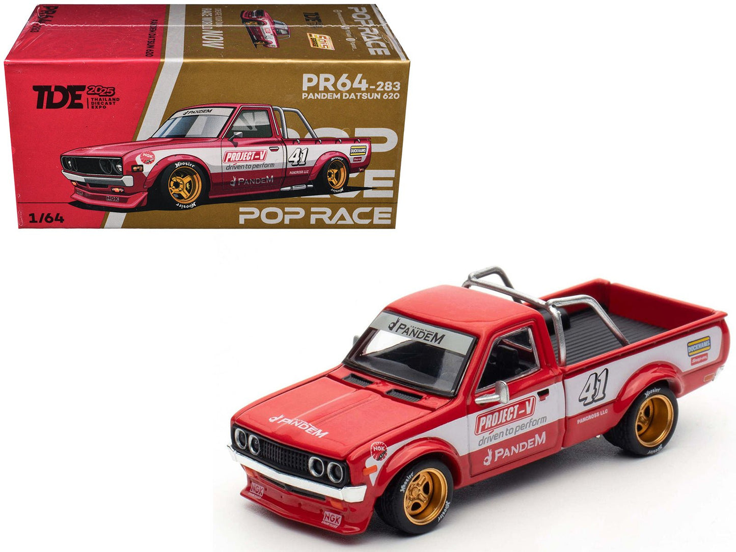 Datsun Pandem 620 Pickup Truck #41 Red Metallic with White Stripes and Graphics "2025 Thailand Diecast Expo" 1/64 Diecast Model Car by Pop Race  free shipping USA