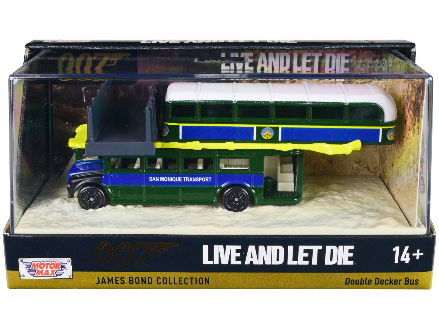 Double Decker Bus "San Monique Transport" "Hitting Bridge Scene" James Bond 007 "Live and Let Die" (1973) Movie with Display "James Bond Collection" Series Diecast Model by Motormax  free shipping USA