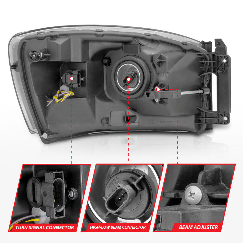 Anzo 06-09 Dodge RAM 1500/2500/3500 Headlights Chrome Housing/Clear Lens (w/ Light Bars) 111525