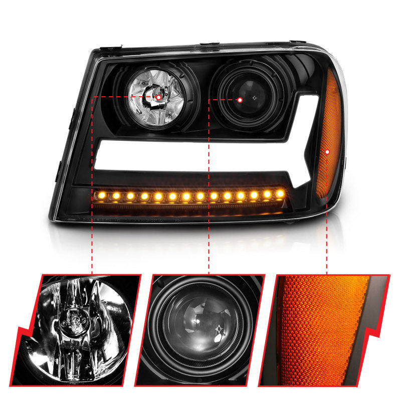 ANZO 2006-2009 Chevrolet Trailblazer Projector Headlights w/ Plank Style Design Black w/ Amber 111390