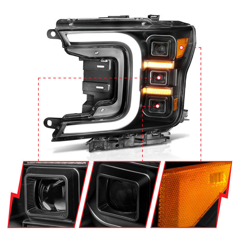 Anzo 18-20 Ford F-150 Full Led Projector Smoke Bar Style Headlights Black Amber 111520