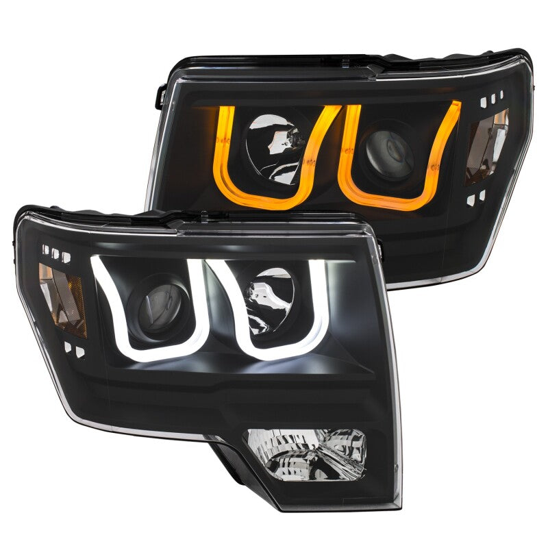 Anzo Ford F-150 09-14 Projector Switchback Headlights U-Bar Black W/ Amber