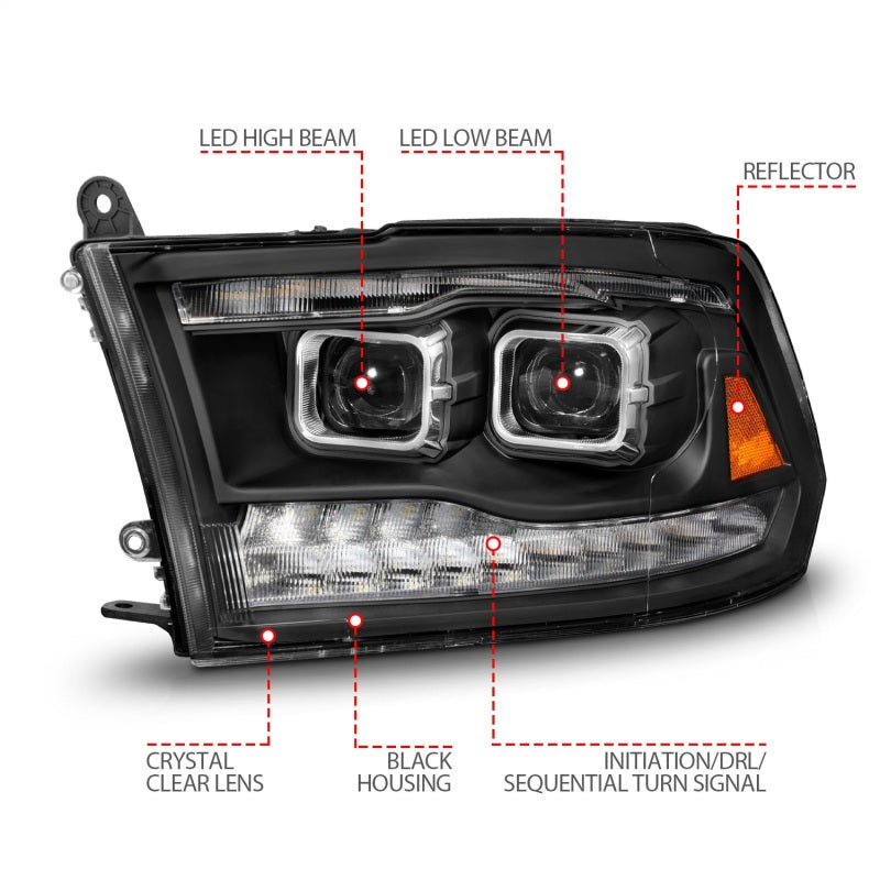 ANZO 09-18 Dodge Ram 1500/2500/3500 Full LED Proj Headlights w/Switchback Light Bar - Black 111595