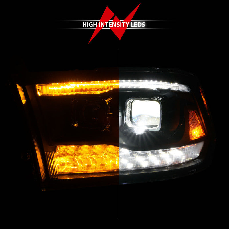 ANZO 09-18 Dodge Ram 1500/2500/3500 Full LED Proj Headlights w/Switchback Light Bar - Black 111595
