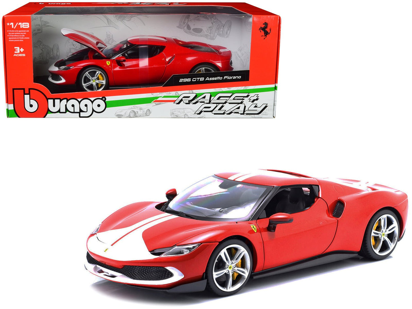 Ferrari 296 GTB Assetto Fiorano Red with White Stripes "Race + Play" Series 1/18 Diecast Model Car by Bburago  free shipping USA