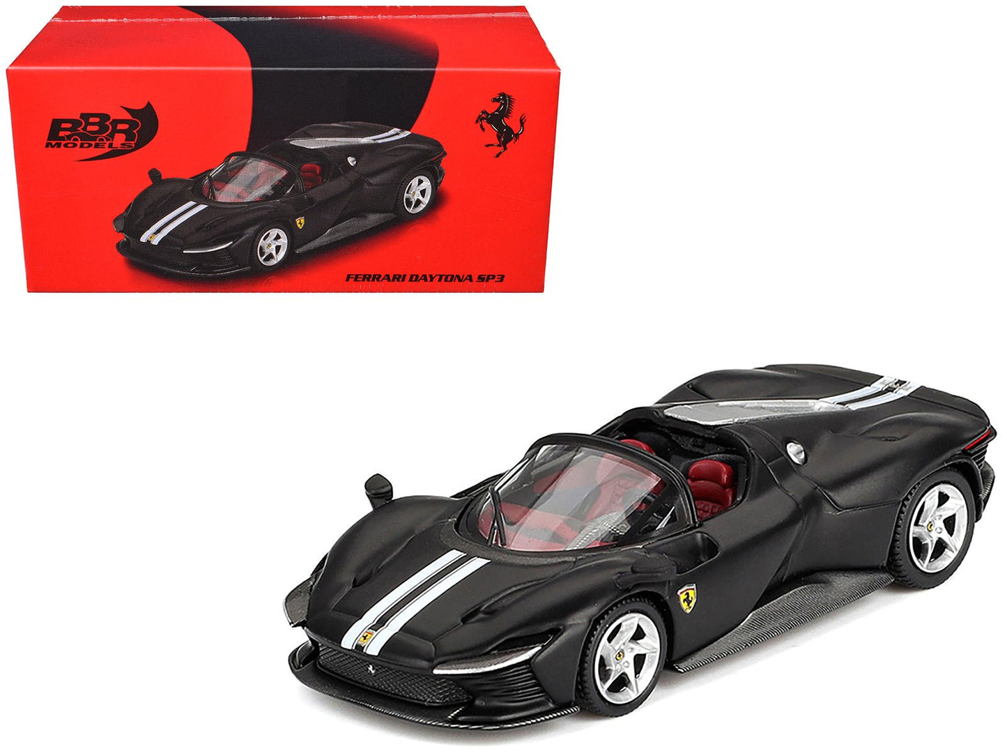 Ferrari Daytona SP3 Matt Black with White Stripes and Red Interior 1/64 Diecast Model Car by BBR  free shipping USA