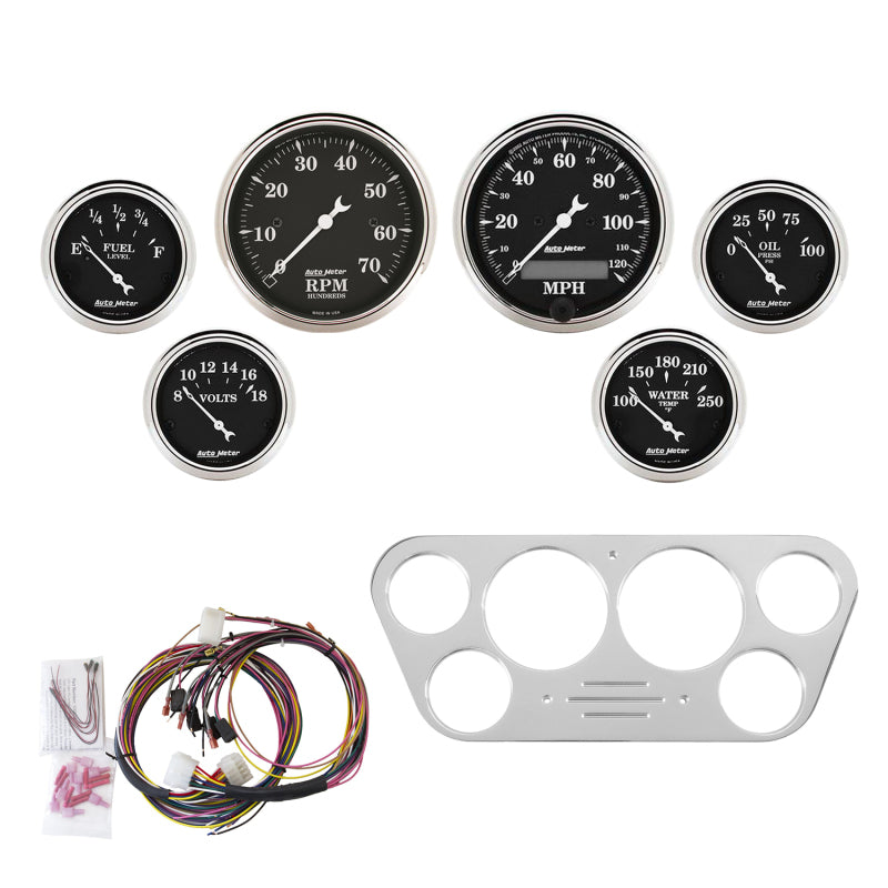 Autometer Old Tyme Black Gauge Kit 6 Pc Ford Truck 53-55 Tach/Mph/Fuel/Oilp/Wtmp/Volt 7048-OTB