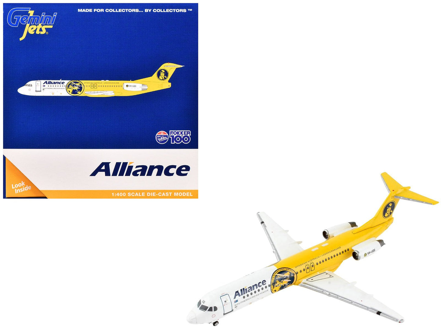 Fokker F100 Commercial Aircraft "Alliance Airlines - Southern Cross Minor" (VH-UQG) White and Yellow 1/400 Diecast Model Airplane by GeminiJets  free shipping USA
