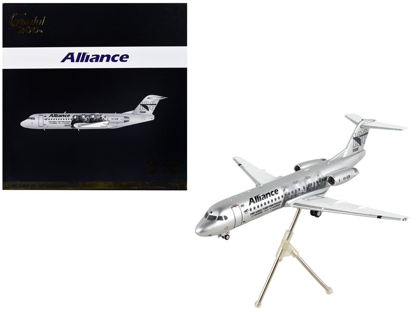 Fokker F70 Commercial Aircraft "Alliance Airlines - 100 Years First Flight from England" Silver Metallic "Gemini 200" Series 1/200 Diecast Model Airplane by GeminiJets  free shipping USA