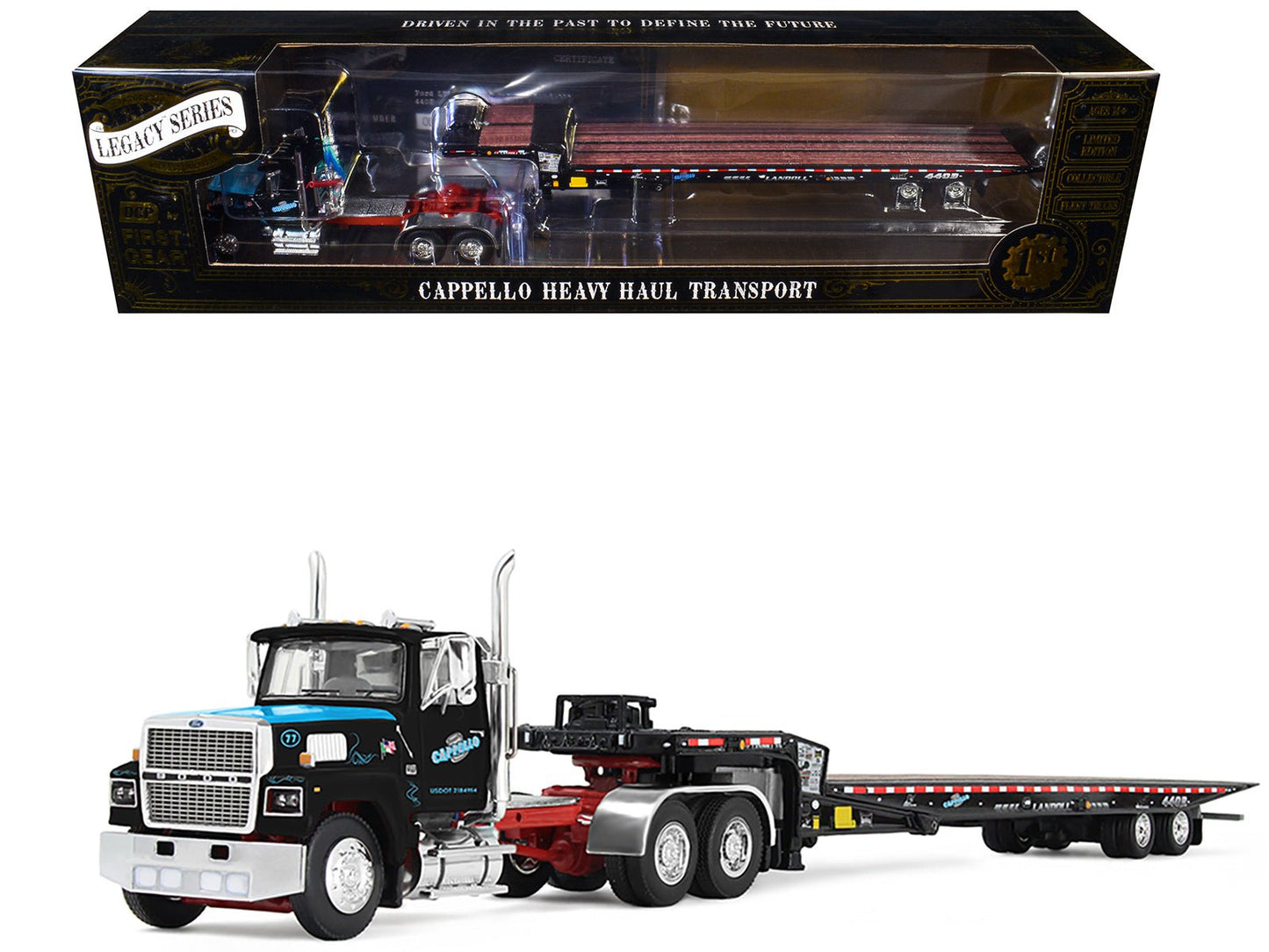 Ford LTL 9000 Day Cab and Landoll 440B-50CA Traveling Axle Trailer "Cappello Heavy Transport" Black with Blue Hood "Legacy" Series #3 1/64 Diecast Model by DCP/First Gear  free shipping USA