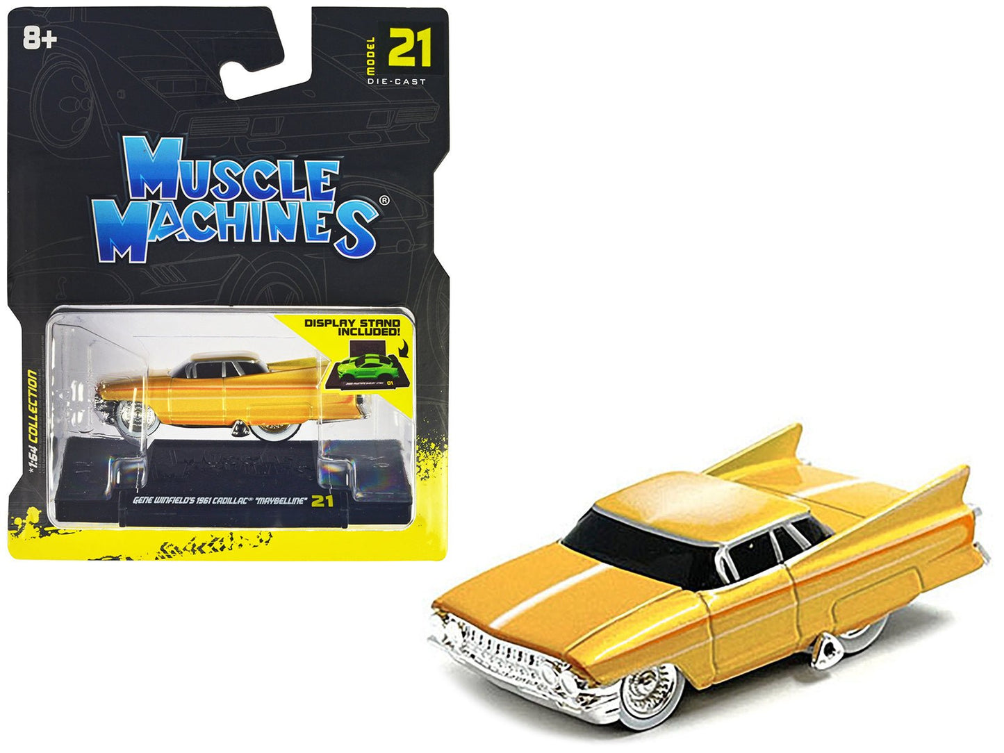 Gene Winfield’s 1961 Cadillac Maybelline Yellow Metallic with White Stripes 1/64 Diecast Model Car by Muscle Machines  free shipping USA