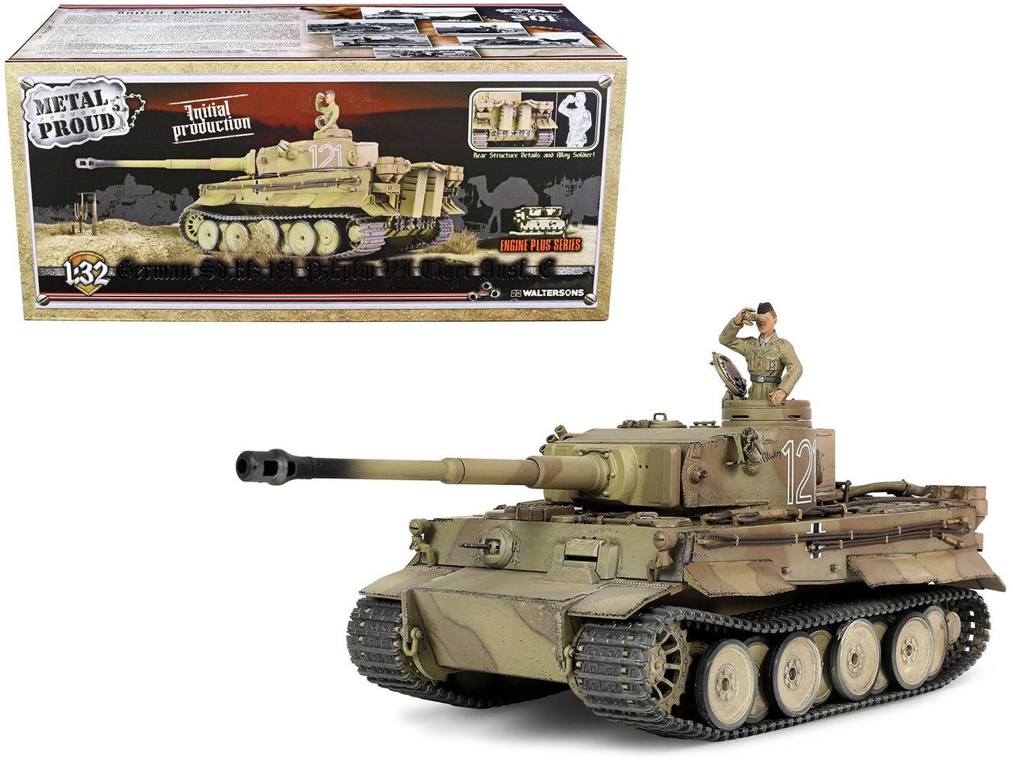 German Sd.Kfz.181 PzKpfw VI Tiger Ausf. E Heavy Tank #121 "Tiger Initial Production Model" "Schwere Panzerabteilung 501 North African Front Tunisia" (1943) "Engine Plus" 1/32 Diecast Model by Metal Proud  free shipping USA