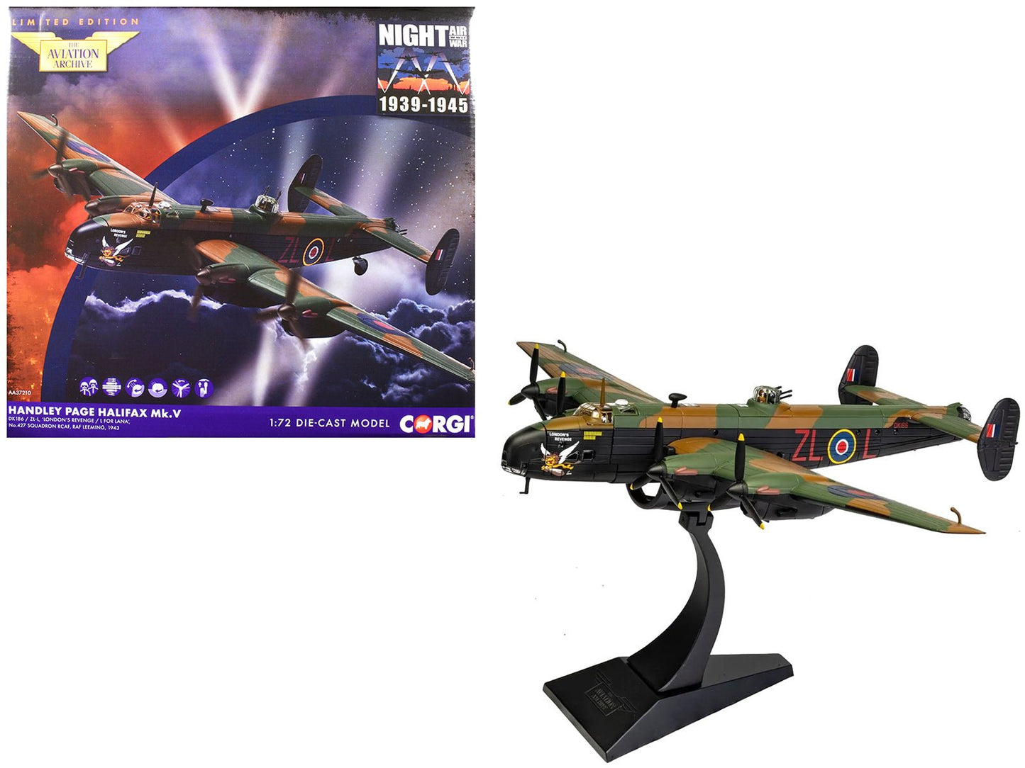 Handley Page Halifax MkV Bomber Aircraft "DK186 London’s Revenge - L for Lana No. 427 Squadron RAF Leeming" (1943) Royal Canadian Air Force "The Aviation Archive" Series 1/72 Diecast Model by Corgi  free shipping USA