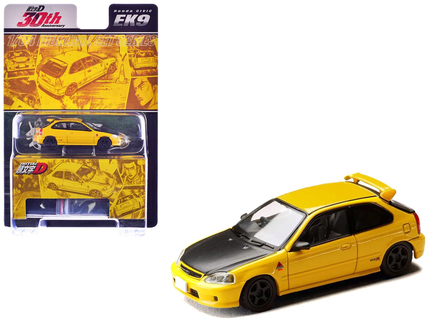 Honda Civic (EK9) RHD (Right Hand Drive) Yellow with Carbon Hood "Initial D" (1995-2013) Manga "Diorama Set Series" 1/64 Diecast Model car by Hobby Japan  free shipping USA