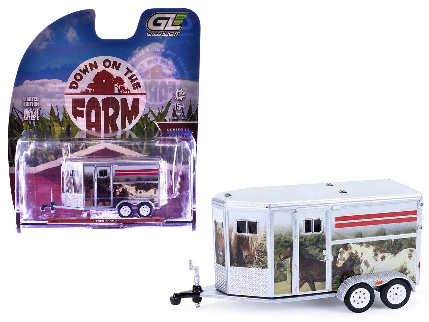 Horse Trailer Silver with Custom Horse Wrap "Down on the Farm" Series 11 1/64 Diecast Model by Greenlight  free shipping USA